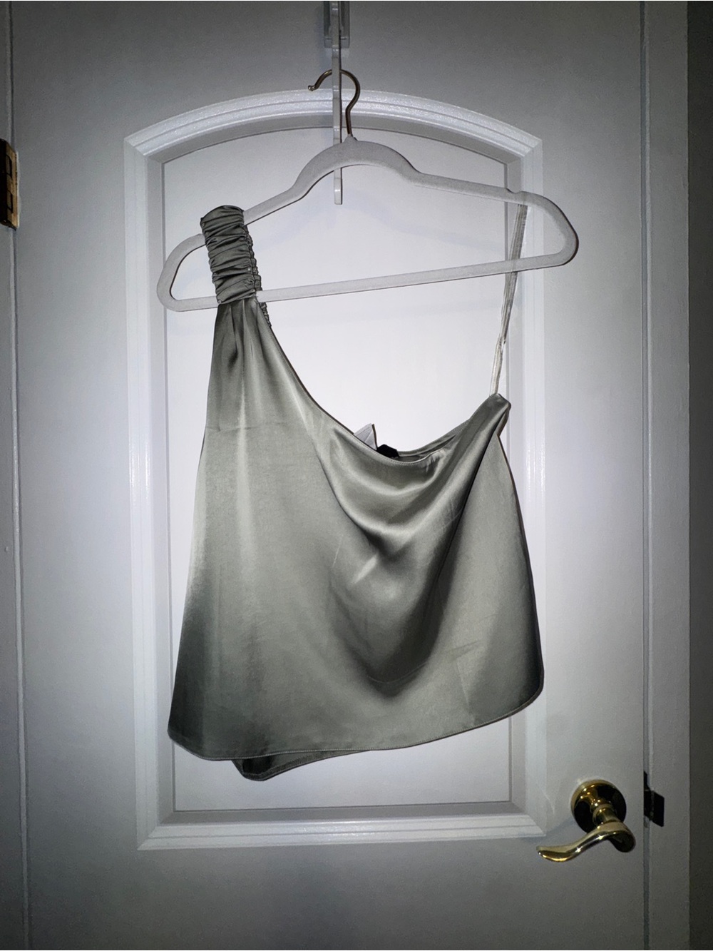 Ruched One-Shoulder Satin Camisole in Sage